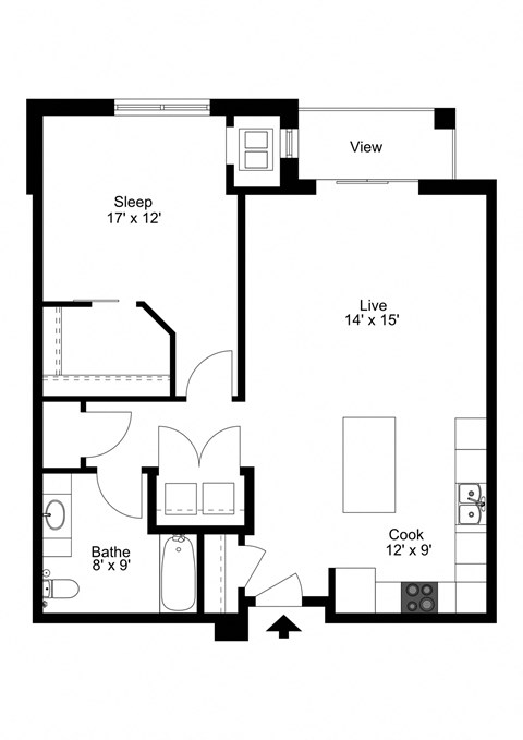 Floor plan for 1 bed, 1 bath, 882 sqft